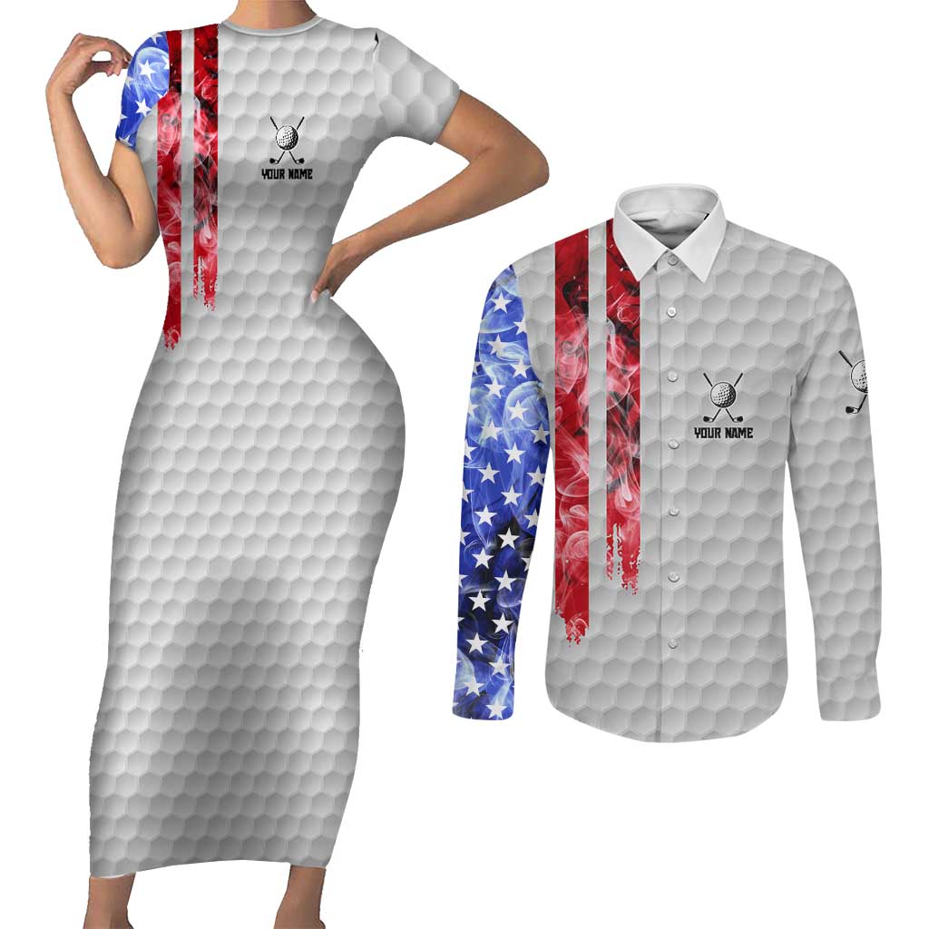 Custom Golf Ball and Clubs Couples Matching Short Sleeve Bodycon Dress and Long Sleeve Button Shirt with American Flag Smoke Effect and Hexagon Pattern - Wonder Print Shop