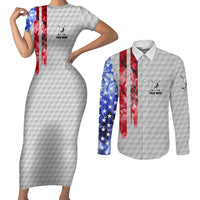 Custom Golf Ball and Clubs Couples Matching Short Sleeve Bodycon Dress and Long Sleeve Button Shirt with American Flag Smoke Effect and Hexagon Pattern - Wonder Print Shop