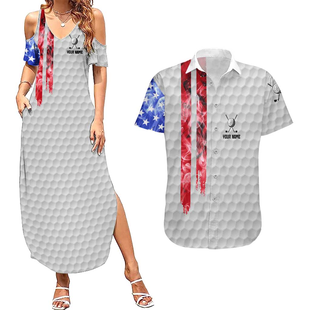 Custom Golf Ball and Clubs Couples Matching Summer Maxi Dress and Hawaiian Shirt with American Flag Smoke Effect and Hexagon Pattern - Wonder Print Shop