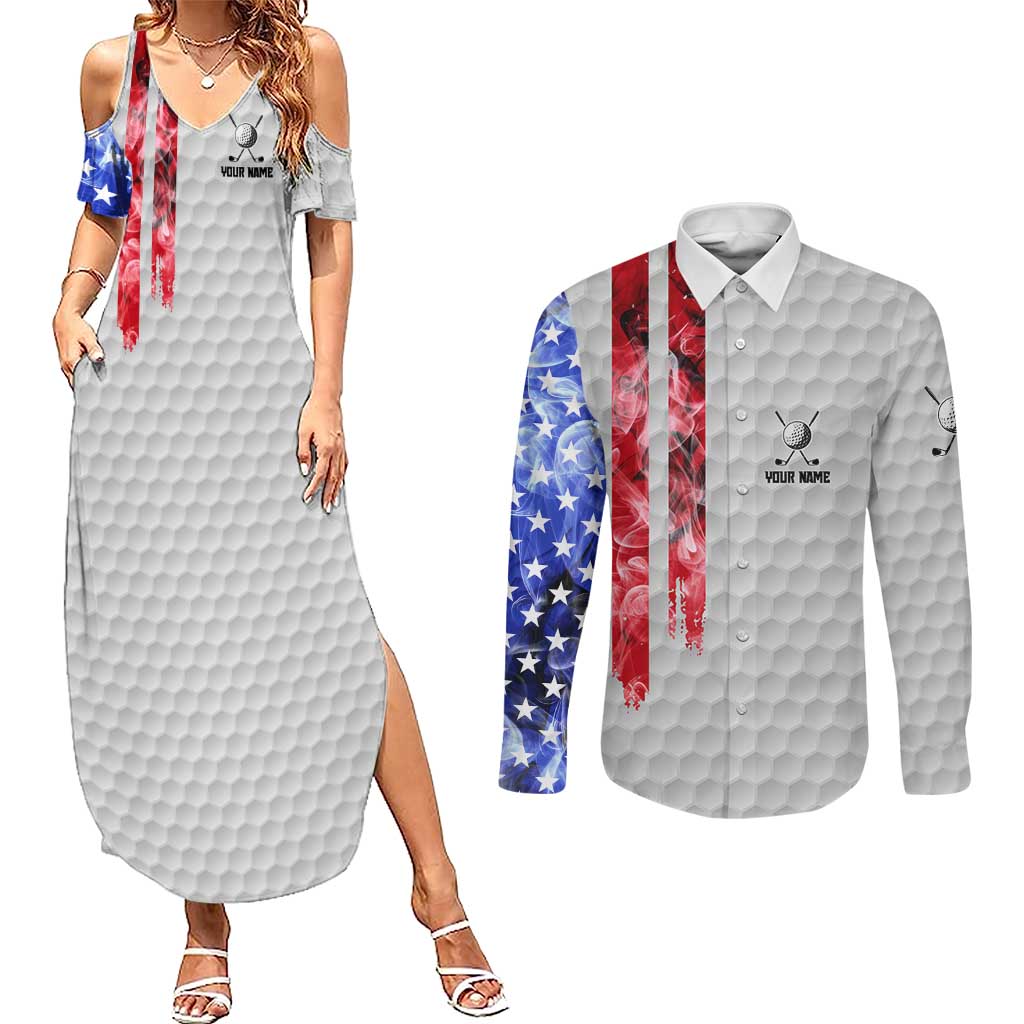 Custom Golf Ball and Clubs Couples Matching Summer Maxi Dress and Long Sleeve Button Shirt with American Flag Smoke Effect and Hexagon Pattern - Wonder Print Shop