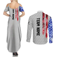 Custom Golf Ball and Clubs Couples Matching Summer Maxi Dress and Long Sleeve Button Shirt with American Flag Smoke Effect and Hexagon Pattern - Wonder Print Shop