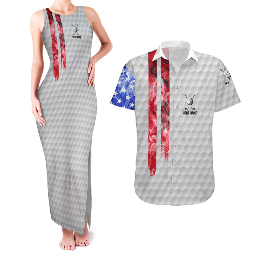 Custom Golf Ball and Clubs Couples Matching Tank Maxi Dress and Hawaiian Shirt with American Flag Smoke Effect and Hexagon Pattern - Wonder Print Shop