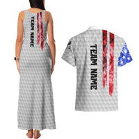 Custom Golf Ball and Clubs Couples Matching Tank Maxi Dress and Hawaiian Shirt with American Flag Smoke Effect and Hexagon Pattern - Wonder Print Shop