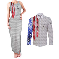 Custom Golf Ball and Clubs Couples Matching Tank Maxi Dress and Long Sleeve Button Shirt with American Flag Smoke Effect and Hexagon Pattern - Wonder Print Shop