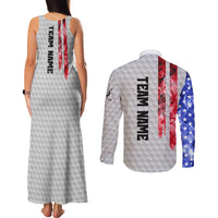 Custom Golf Ball and Clubs Couples Matching Tank Maxi Dress and Long Sleeve Button Shirt with American Flag Smoke Effect and Hexagon Pattern - Wonder Print Shop