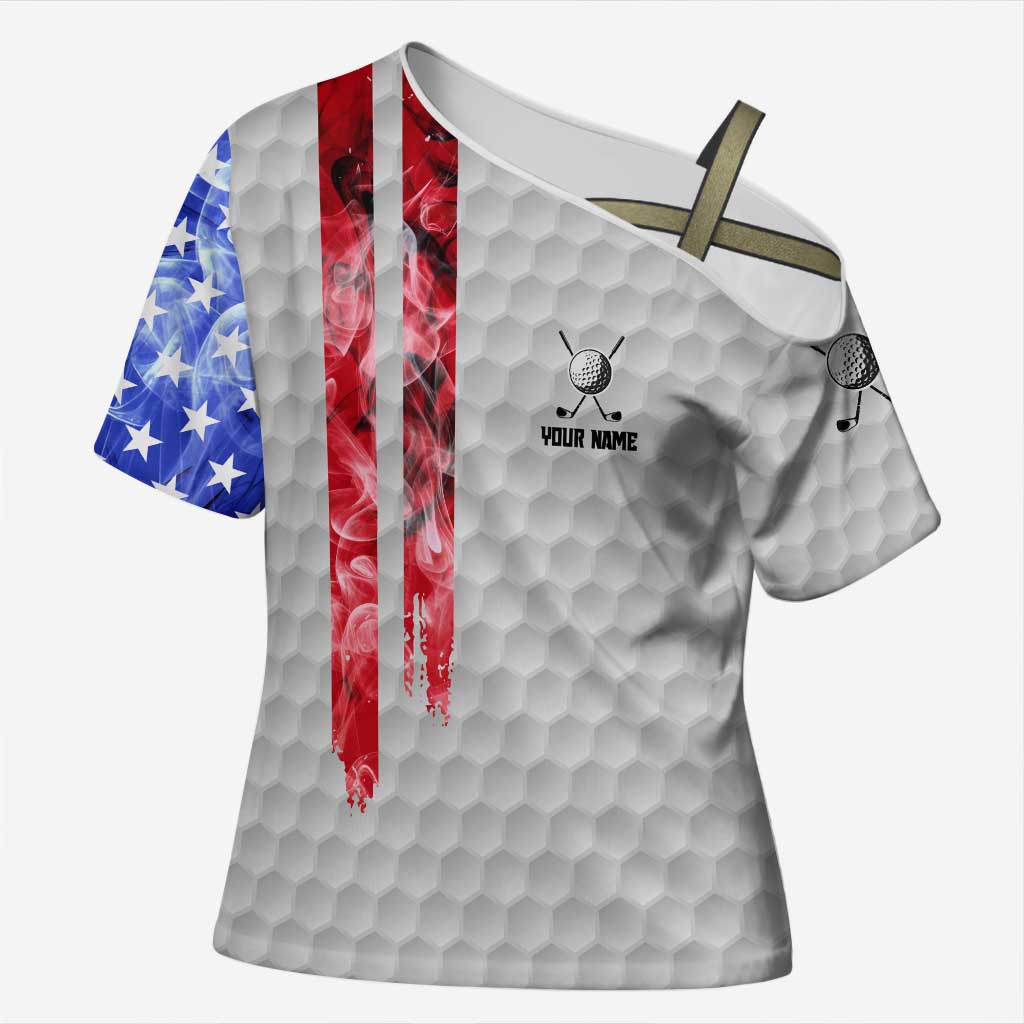 Custom Golf Ball and Clubs Cross Shoulder Shirt with American Flag Smoke Effect and Hexagon Pattern - Wonder Print Shop