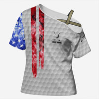Custom Golf Ball and Clubs Cross Shoulder Shirt with American Flag Smoke Effect and Hexagon Pattern - Wonder Print Shop