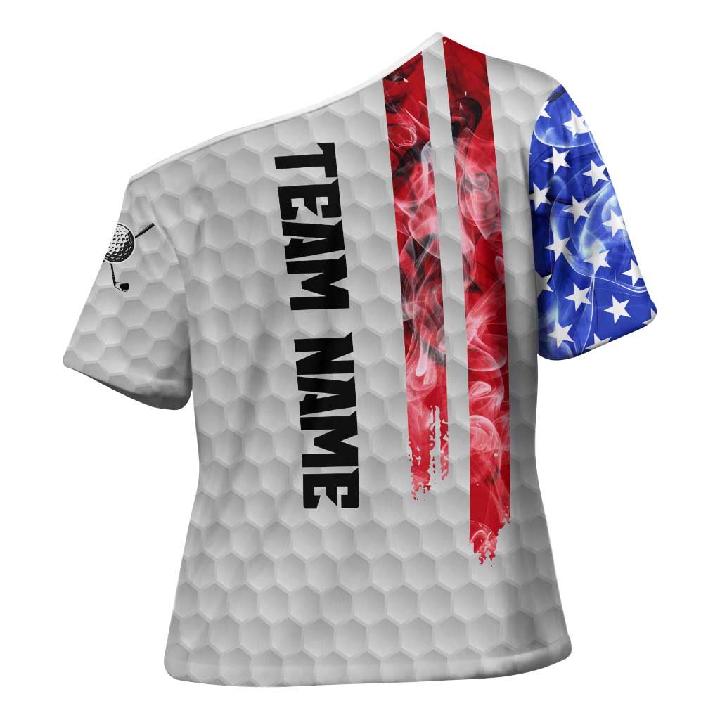 Custom Golf Ball and Clubs Cross Shoulder Shirt with American Flag Smoke Effect and Hexagon Pattern - Wonder Print Shop