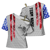 Custom Golf Ball and Clubs Cross Shoulder Shirt with American Flag Smoke Effect and Hexagon Pattern - Wonder Print Shop