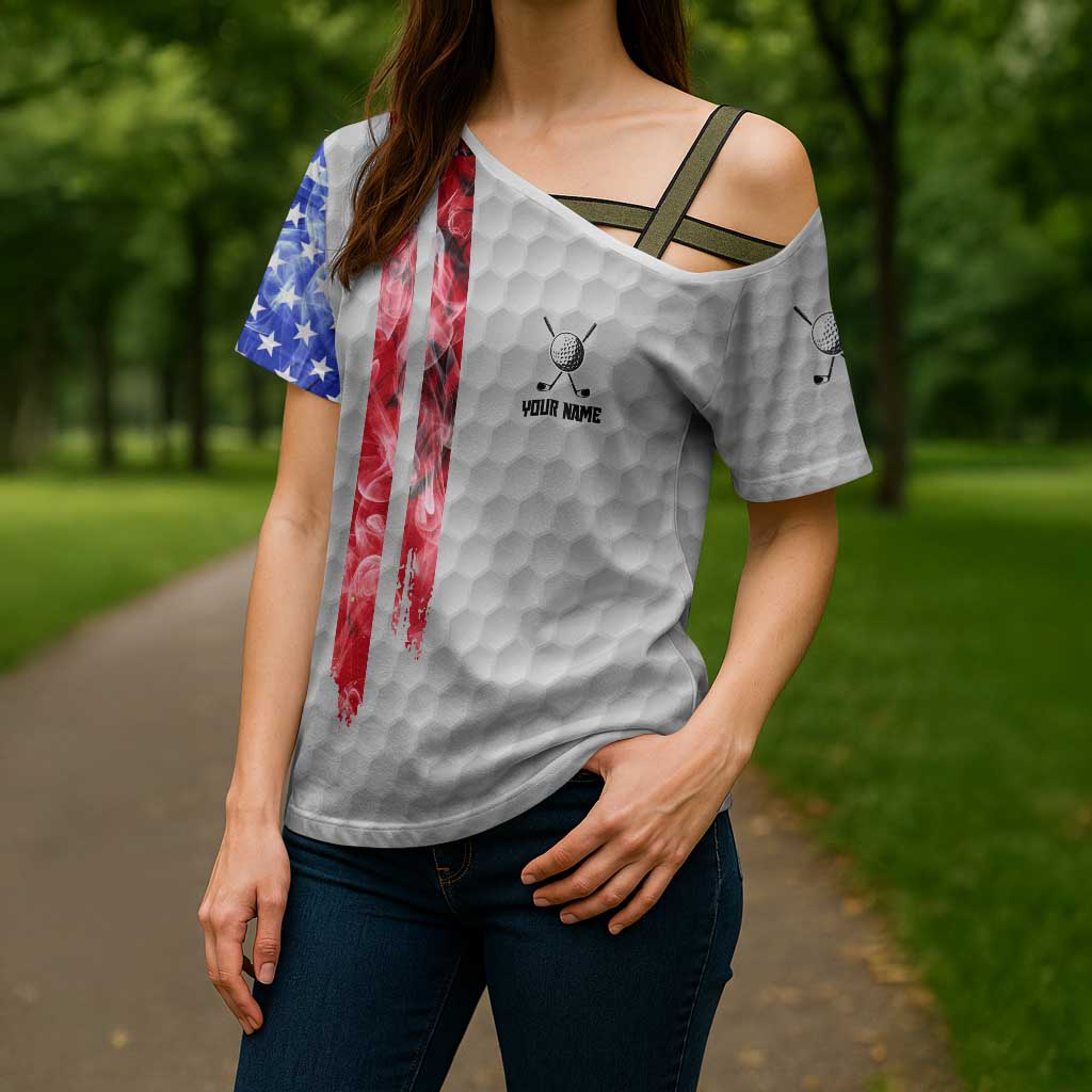 Custom Golf Ball and Clubs Cross Shoulder Shirt with American Flag Smoke Effect and Hexagon Pattern - Wonder Print Shop