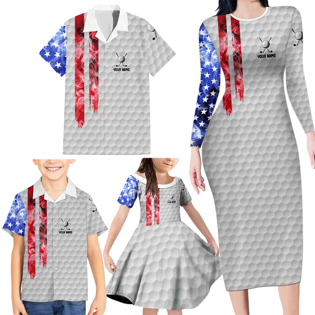 Custom Golf Ball and Clubs Family Matching Long Sleeve Bodycon Dress and Hawaiian Shirt with American Flag Smoke Effect and Hexagon Pattern - Wonder Print Shop
