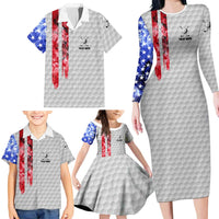 Custom Golf Ball and Clubs Family Matching Long Sleeve Bodycon Dress and Hawaiian Shirt with American Flag Smoke Effect and Hexagon Pattern - Wonder Print Shop
