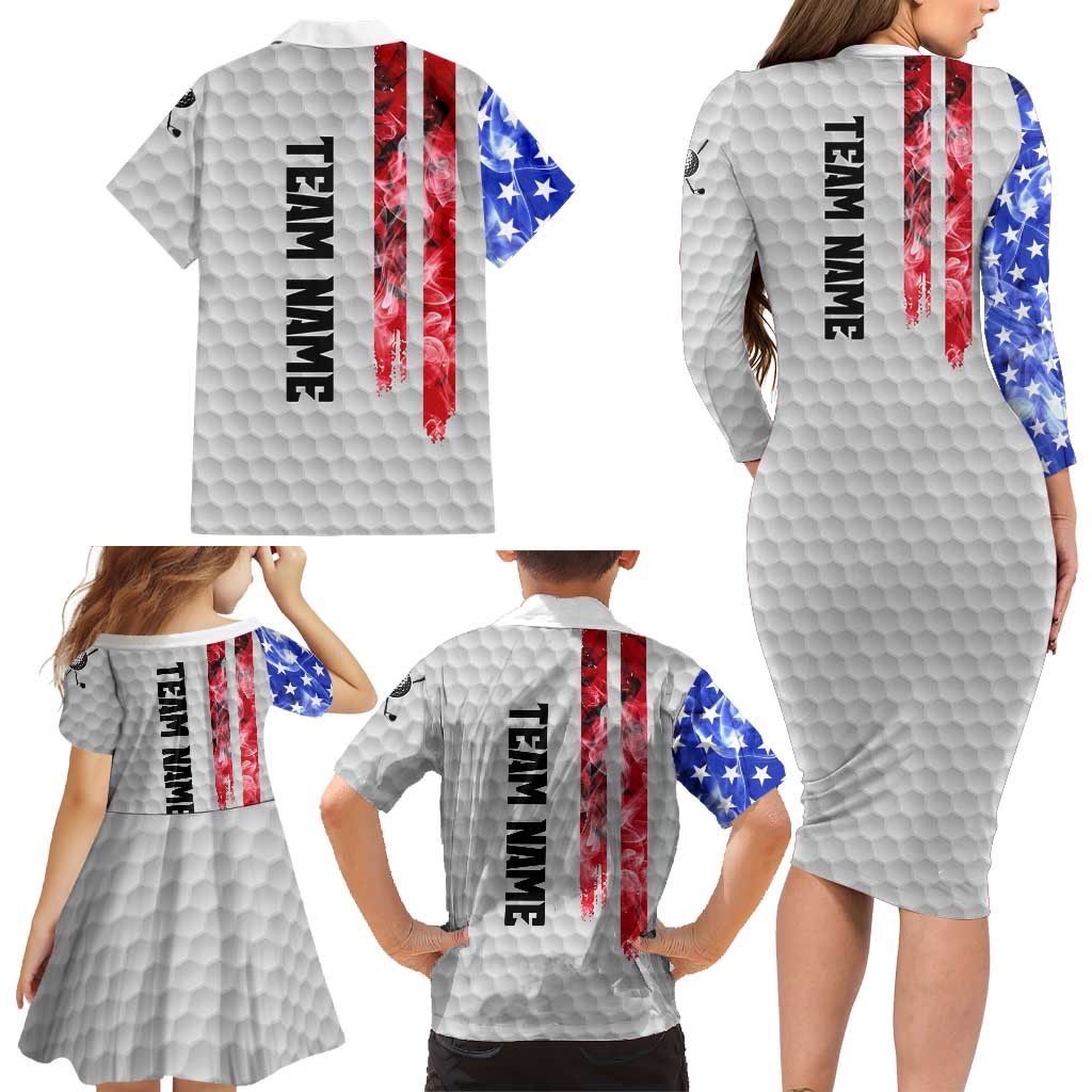 Custom Golf Ball and Clubs Family Matching Long Sleeve Bodycon Dress and Hawaiian Shirt with American Flag Smoke Effect and Hexagon Pattern - Wonder Print Shop
