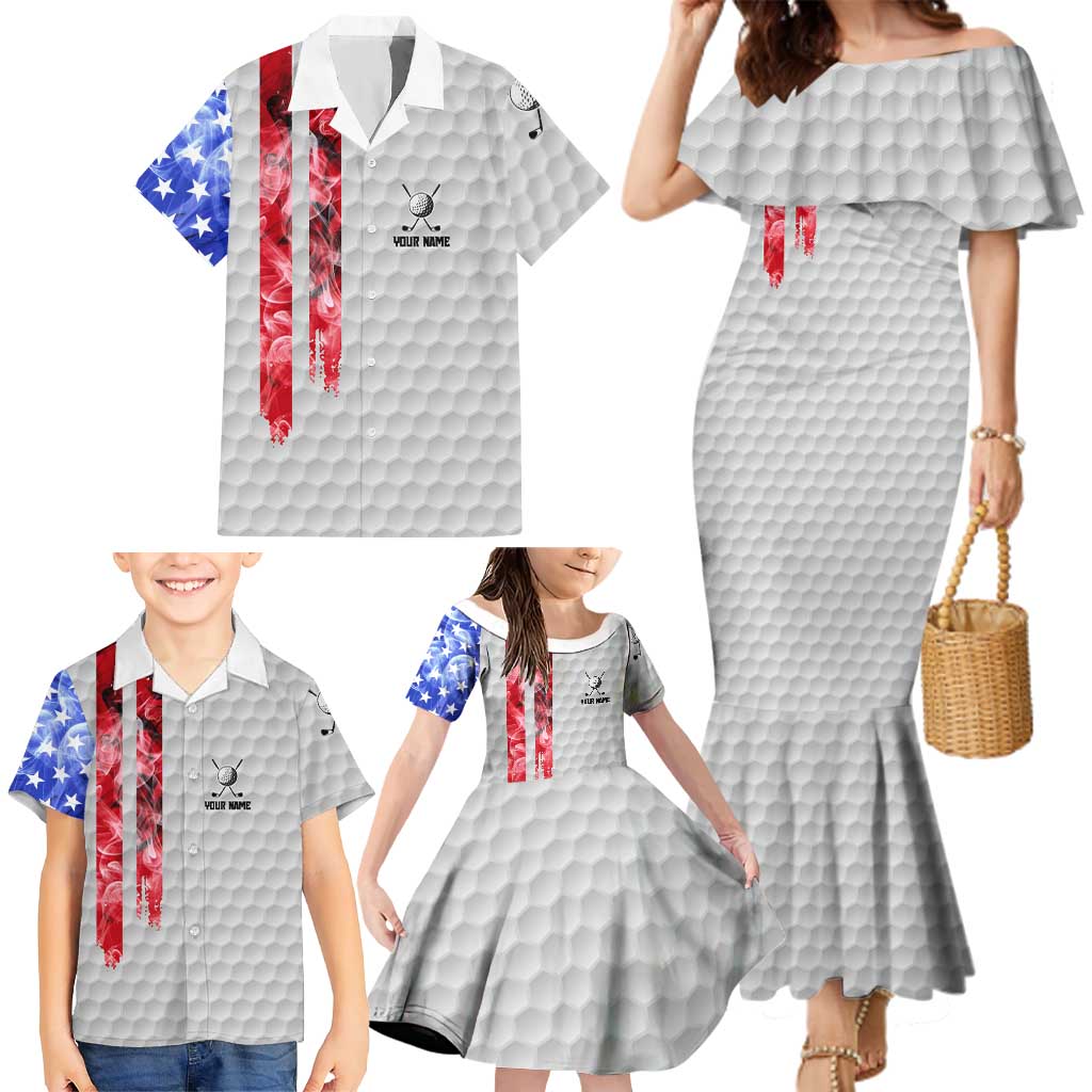 Custom Golf Ball and Clubs Family Matching Mermaid Dress and Hawaiian Shirt with American Flag Smoke Effect and Hexagon Pattern - Wonder Print Shop