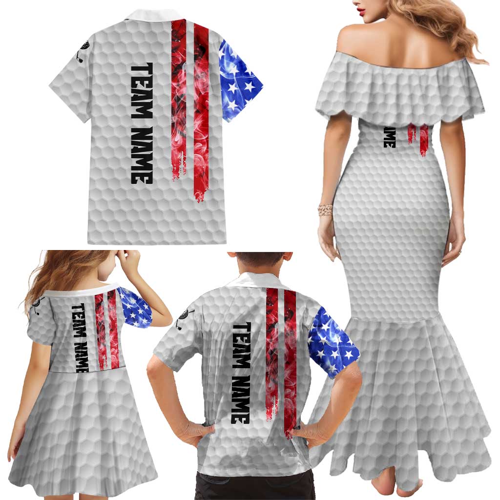 Custom Golf Ball and Clubs Family Matching Mermaid Dress and Hawaiian Shirt with American Flag Smoke Effect and Hexagon Pattern - Wonder Print Shop