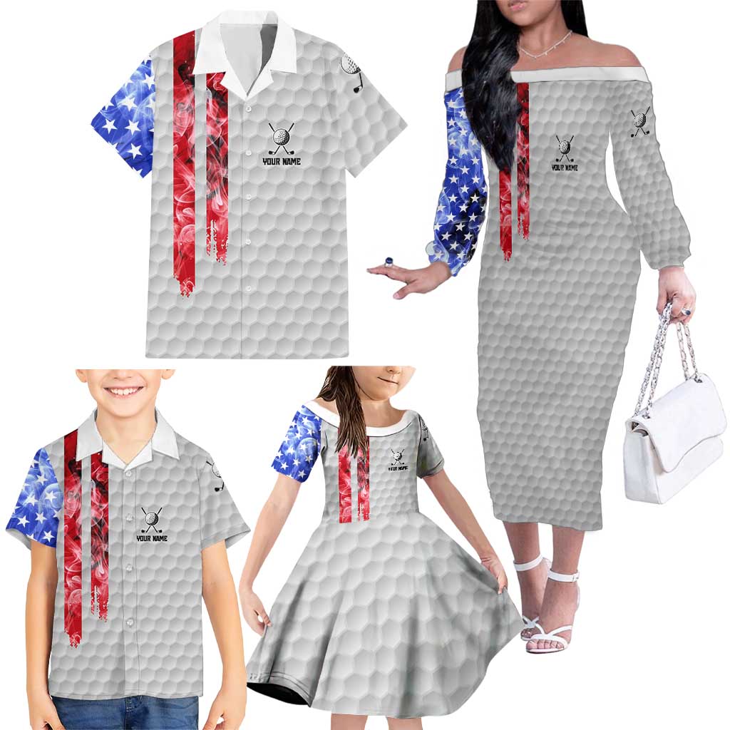 Custom Golf Ball and Clubs Family Matching Off The Shoulder Long Sleeve Dress and Hawaiian Shirt with American Flag Smoke Effect and Hexagon Pattern - Wonder Print Shop