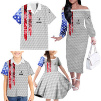 Custom Golf Ball and Clubs Family Matching Off The Shoulder Long Sleeve Dress and Hawaiian Shirt with American Flag Smoke Effect and Hexagon Pattern - Wonder Print Shop
