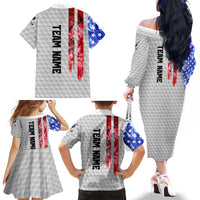Custom Golf Ball and Clubs Family Matching Off The Shoulder Long Sleeve Dress and Hawaiian Shirt with American Flag Smoke Effect and Hexagon Pattern - Wonder Print Shop