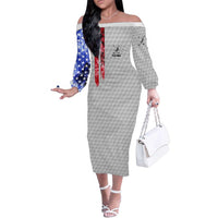 Custom Golf Ball and Clubs Family Matching Off The Shoulder Long Sleeve Dress and Hawaiian Shirt with American Flag Smoke Effect and Hexagon Pattern - Wonder Print Shop