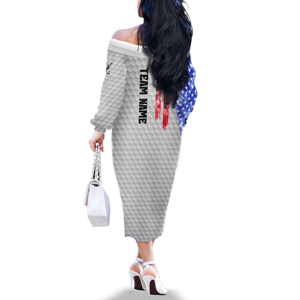 Custom Golf Ball and Clubs Family Matching Off The Shoulder Long Sleeve Dress and Hawaiian Shirt with American Flag Smoke Effect and Hexagon Pattern - Wonder Print Shop