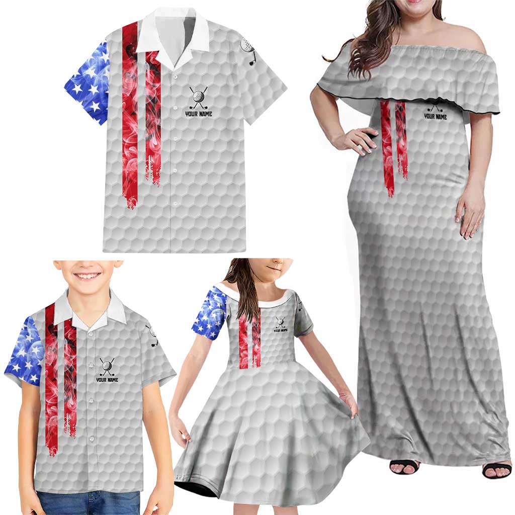 Custom Golf Ball and Clubs Family Matching Off Shoulder Maxi Dress and Hawaiian Shirt with American Flag Smoke Effect and Hexagon Pattern - Wonder Print Shop