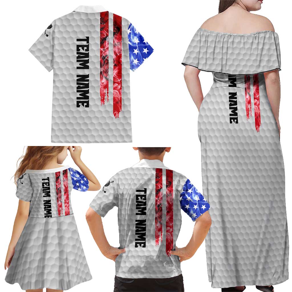 Custom Golf Ball and Clubs Family Matching Off Shoulder Maxi Dress and Hawaiian Shirt with American Flag Smoke Effect and Hexagon Pattern - Wonder Print Shop
