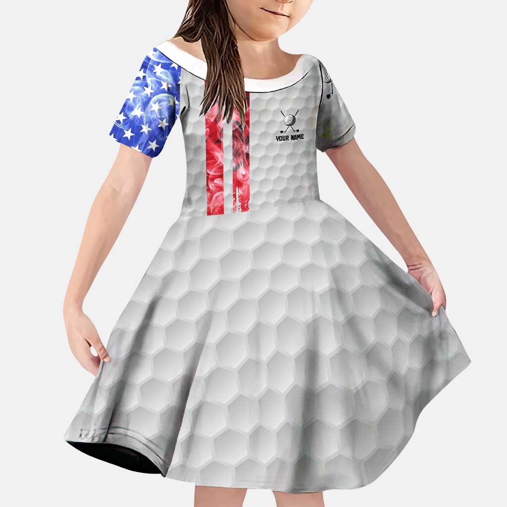 Custom Golf Ball and Clubs Family Matching Off Shoulder Short Dress and Hawaiian Shirt with American Flag Smoke Effect and Hexagon Pattern - Wonder Print Shop
