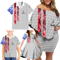 Custom Golf Ball and Clubs Family Matching Off Shoulder Short Dress and Hawaiian Shirt with American Flag Smoke Effect and Hexagon Pattern - Wonder Print Shop