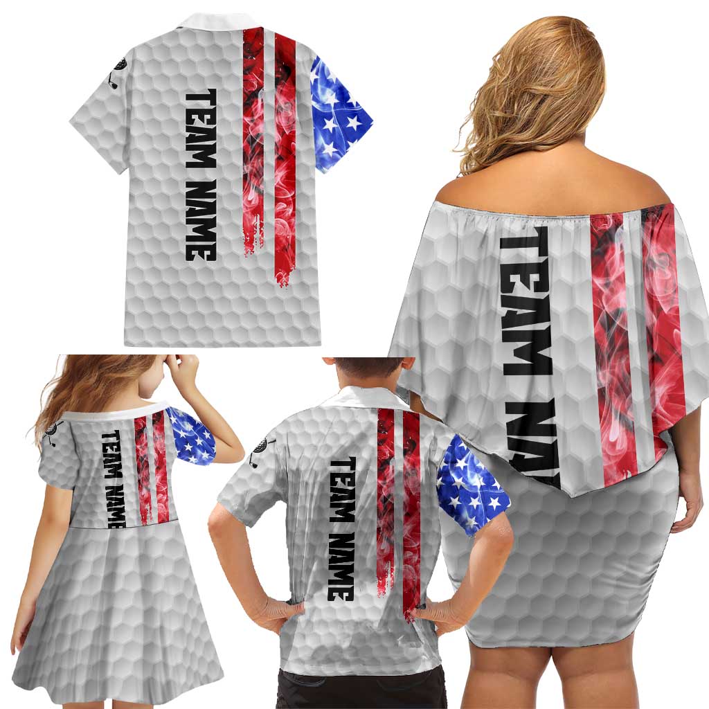 Custom Golf Ball and Clubs Family Matching Off Shoulder Short Dress and Hawaiian Shirt with American Flag Smoke Effect and Hexagon Pattern - Wonder Print Shop