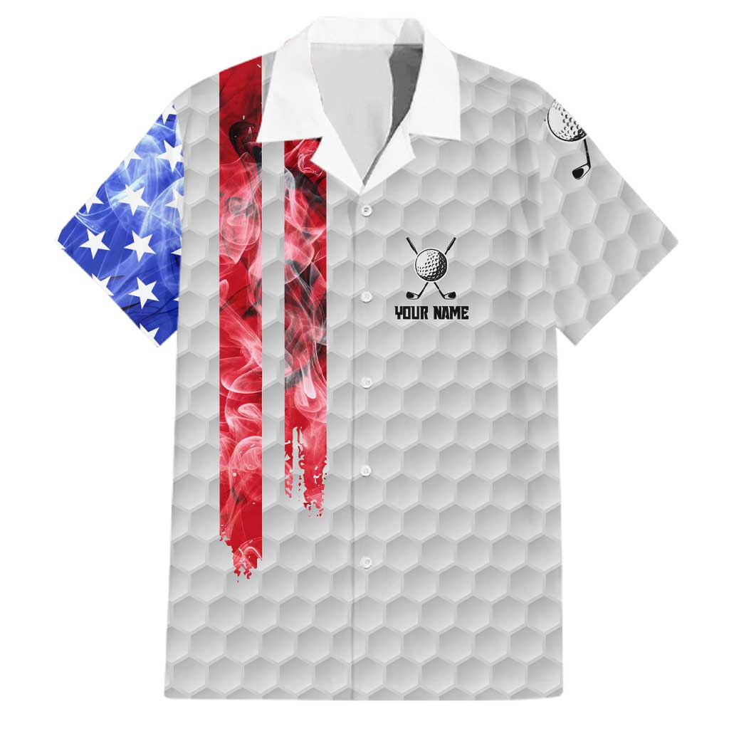 Custom Golf Ball and Clubs Family Matching Off Shoulder Short Dress and Hawaiian Shirt with American Flag Smoke Effect and Hexagon Pattern - Wonder Print Shop