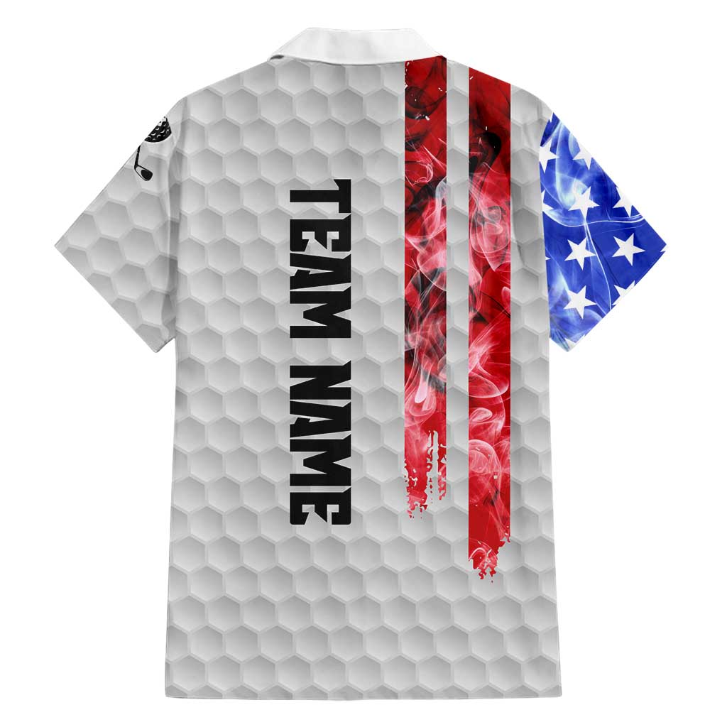 Custom Golf Ball and Clubs Family Matching Off Shoulder Short Dress and Hawaiian Shirt with American Flag Smoke Effect and Hexagon Pattern - Wonder Print Shop