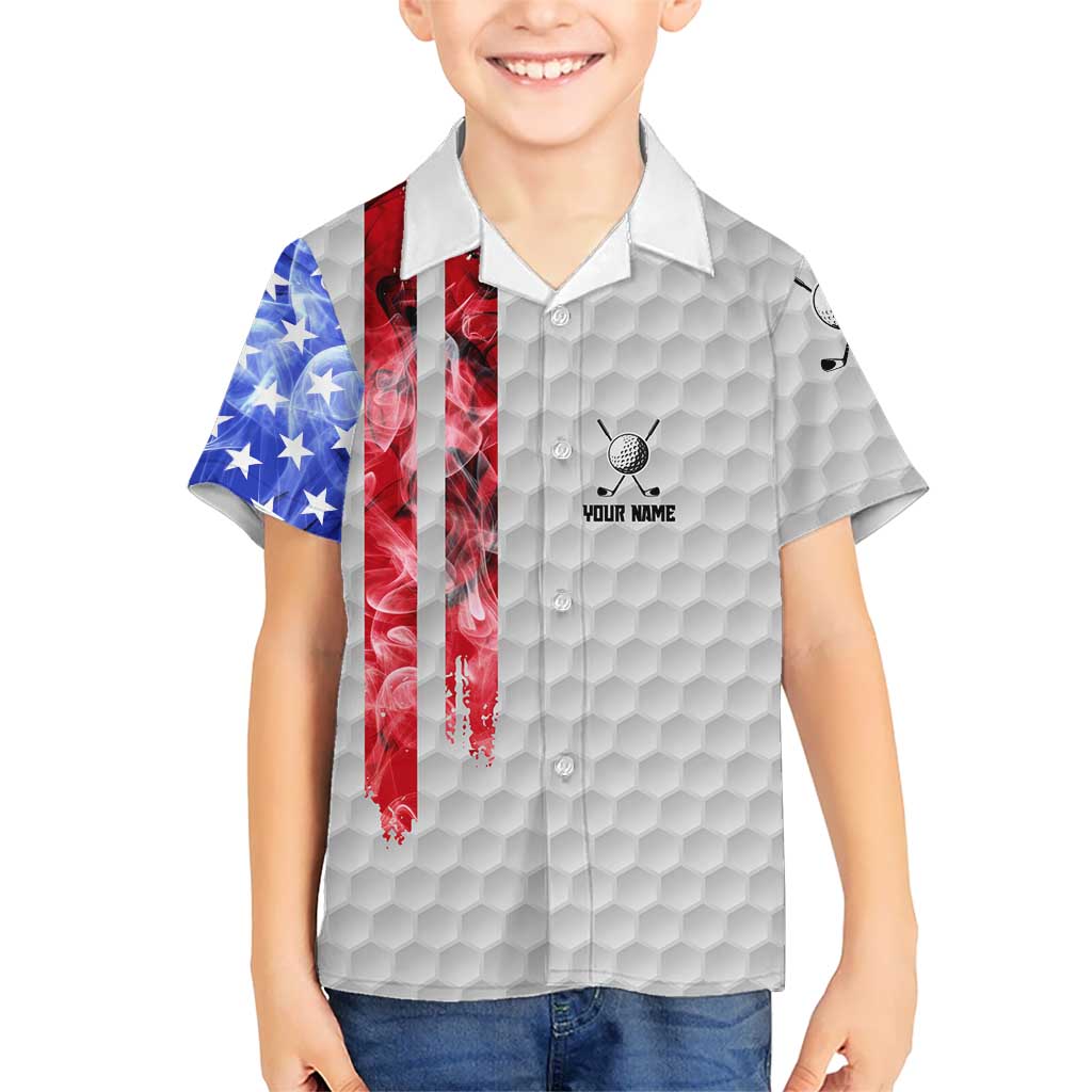 Custom Golf Ball and Clubs Family Matching Off Shoulder Short Dress and Hawaiian Shirt with American Flag Smoke Effect and Hexagon Pattern - Wonder Print Shop
