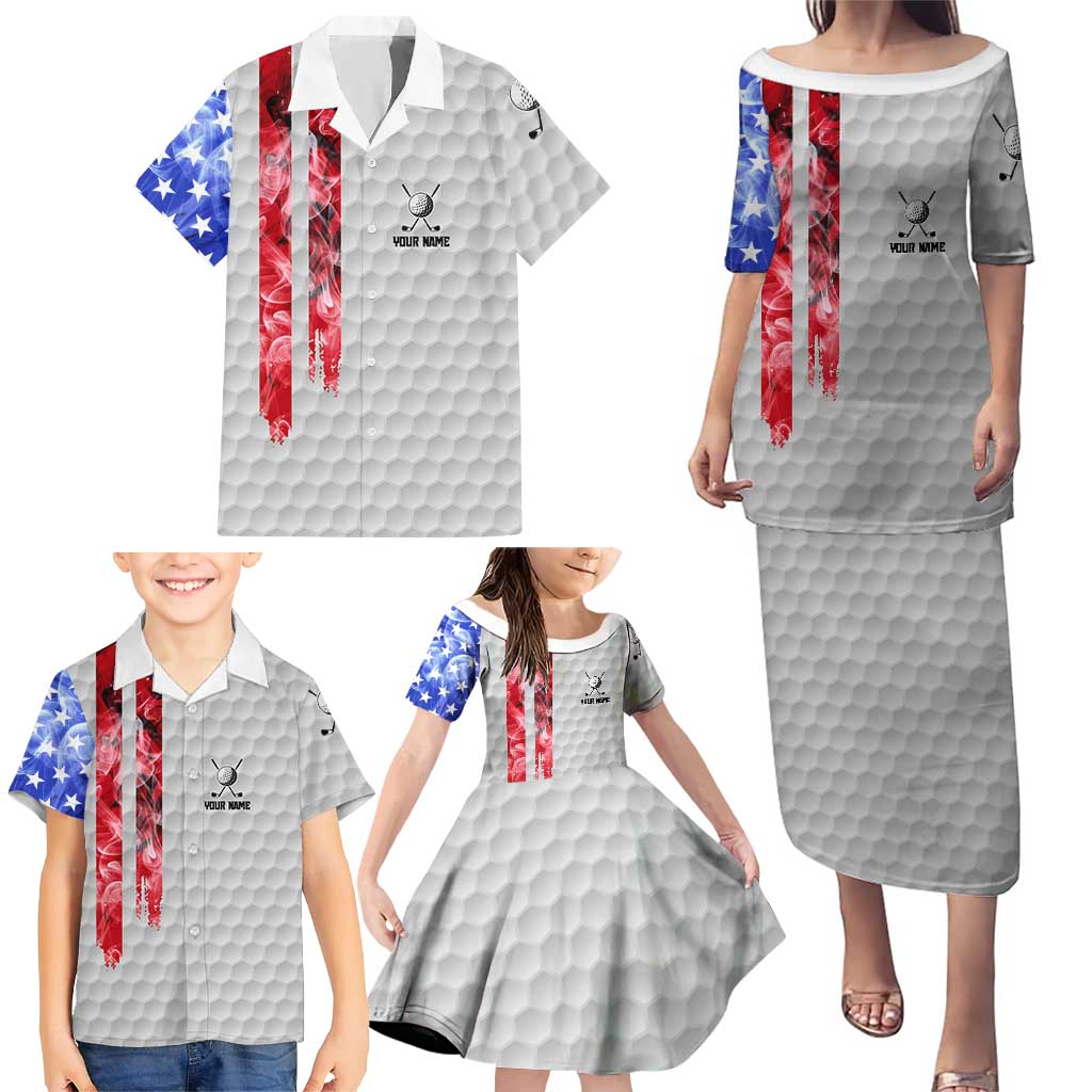 Custom Golf Ball and Clubs Family Matching Puletasi and Hawaiian Shirt with American Flag Smoke Effect and Hexagon Pattern - Wonder Print Shop