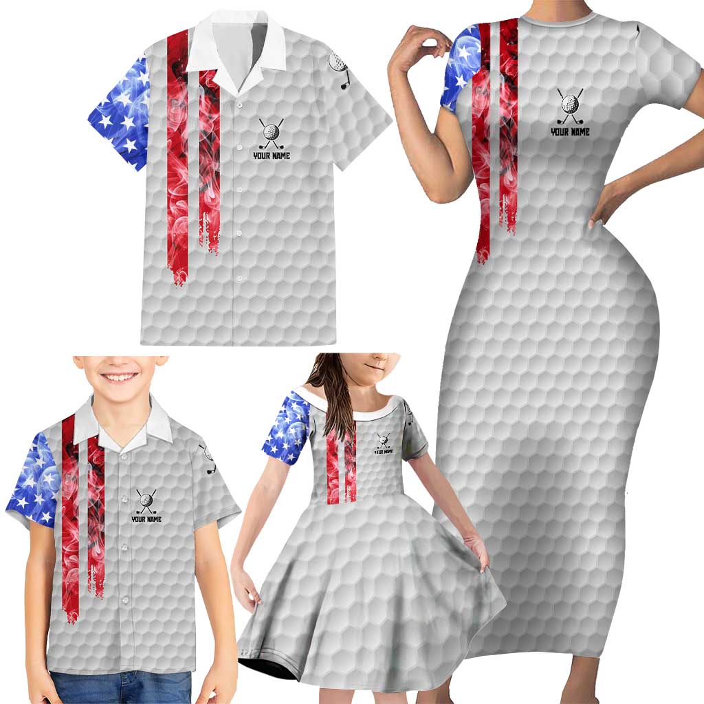 Custom Golf Ball and Clubs Family Matching Short Sleeve Bodycon Dress and Hawaiian Shirt with American Flag Smoke Effect and Hexagon Pattern - Wonder Print Shop