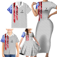 Custom Golf Ball and Clubs Family Matching Short Sleeve Bodycon Dress and Hawaiian Shirt with American Flag Smoke Effect and Hexagon Pattern - Wonder Print Shop