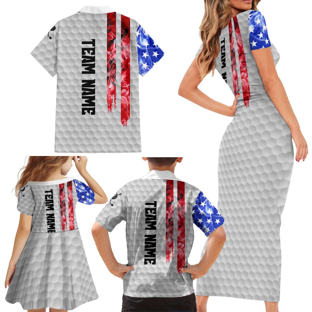Custom Golf Ball and Clubs Family Matching Short Sleeve Bodycon Dress and Hawaiian Shirt with American Flag Smoke Effect and Hexagon Pattern - Wonder Print Shop