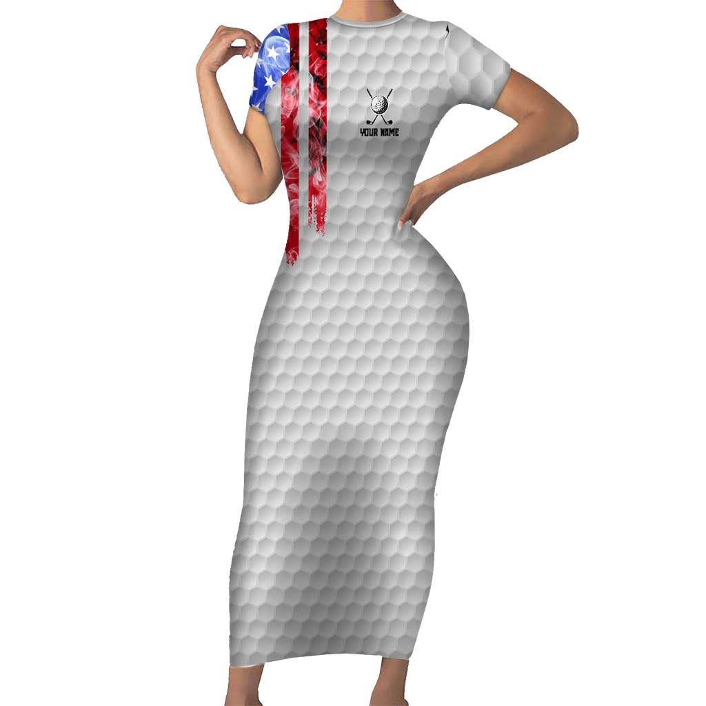 Custom Golf Ball and Clubs Family Matching Short Sleeve Bodycon Dress and Hawaiian Shirt with American Flag Smoke Effect and Hexagon Pattern - Wonder Print Shop