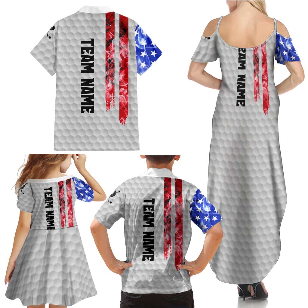 Custom Golf Ball and Clubs Family Matching Summer Maxi Dress and Hawaiian Shirt with American Flag Smoke Effect and Hexagon Pattern - Wonder Print Shop