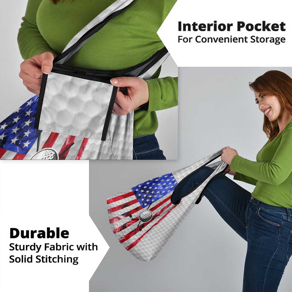 Golf Ball and Clubs Grocery Bag with American Flag Smoke Effect and Hexagon Pattern - Wonder Print Shop
