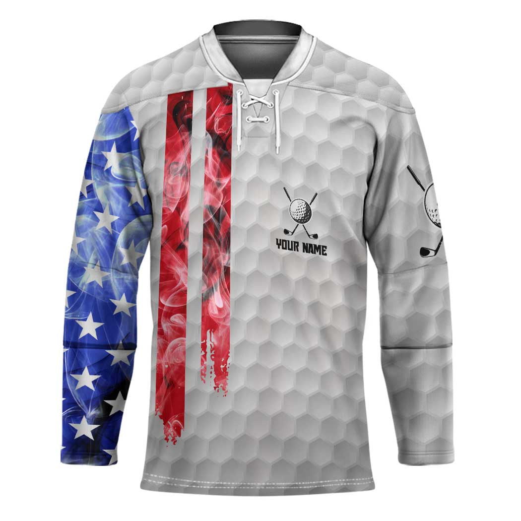 Custom Golf Ball and Clubs Hockey Jersey with American Flag Smoke Effect and Hexagon Pattern - Wonder Print Shop