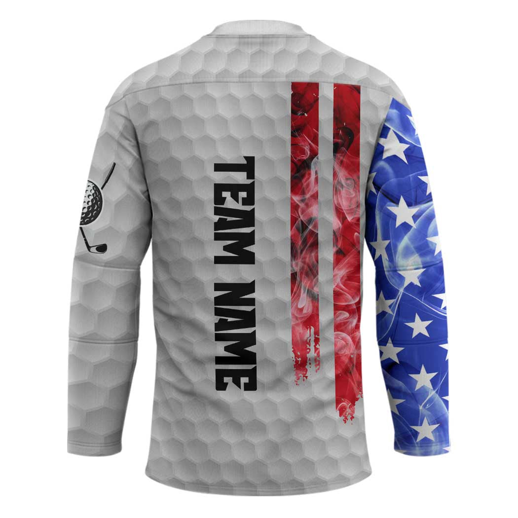 Custom Golf Ball and Clubs Hockey Jersey with American Flag Smoke Effect and Hexagon Pattern - Wonder Print Shop