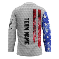 Custom Golf Ball and Clubs Hockey Jersey with American Flag Smoke Effect and Hexagon Pattern - Wonder Print Shop