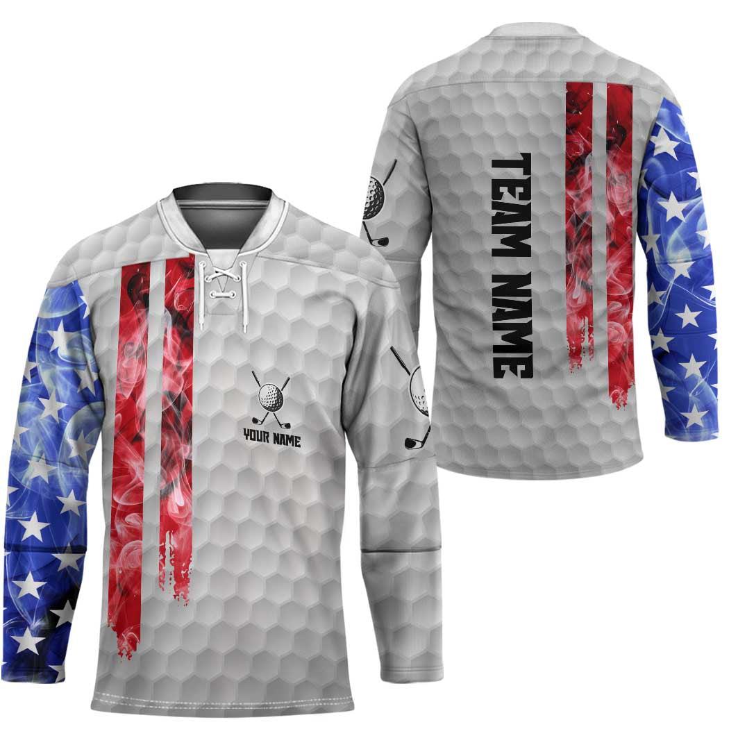 Custom Golf Ball and Clubs Hockey Jersey with American Flag Smoke Effect and Hexagon Pattern - Wonder Print Shop