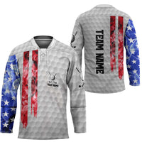 Custom Golf Ball and Clubs Hockey Jersey with American Flag Smoke Effect and Hexagon Pattern - Wonder Print Shop