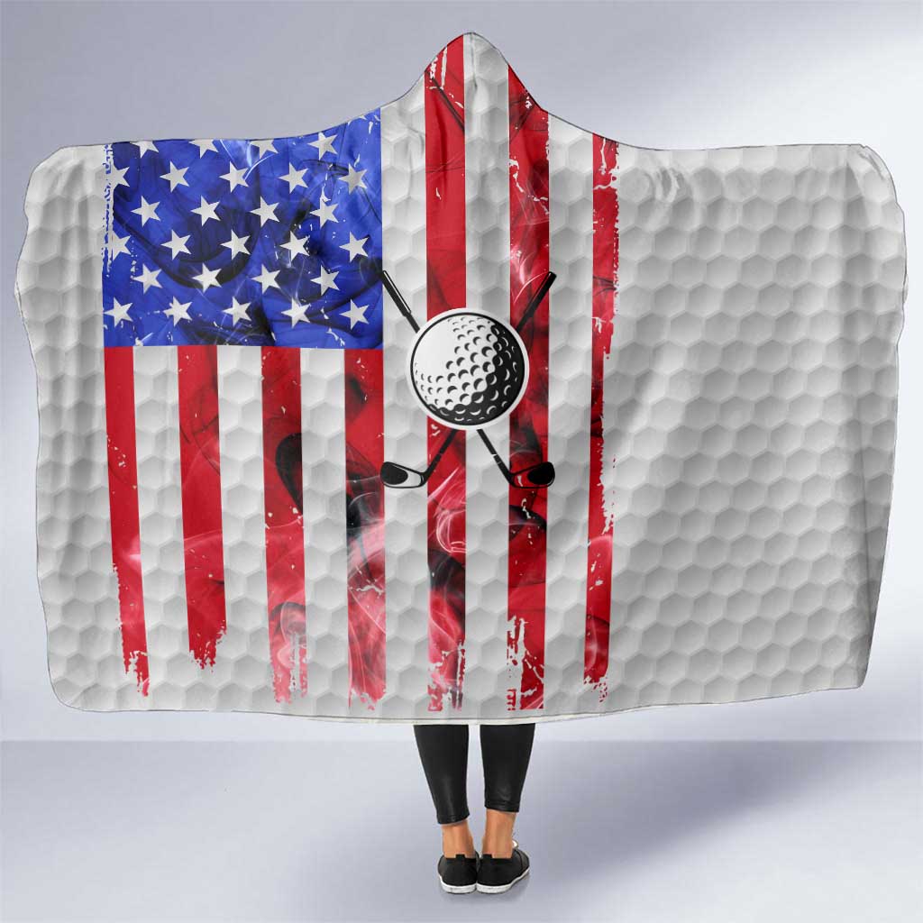 Golf Ball and Clubs Hooded Blanket with American Flag Smoke Effect and Hexagon Pattern - Wonder Print Shop