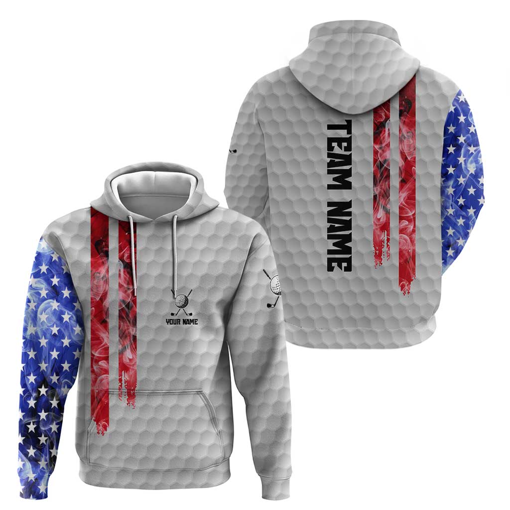 Custom Golf Ball and Clubs Hoodie with American Flag Smoke Effect and Hexagon Pattern - Wonder Print Shop