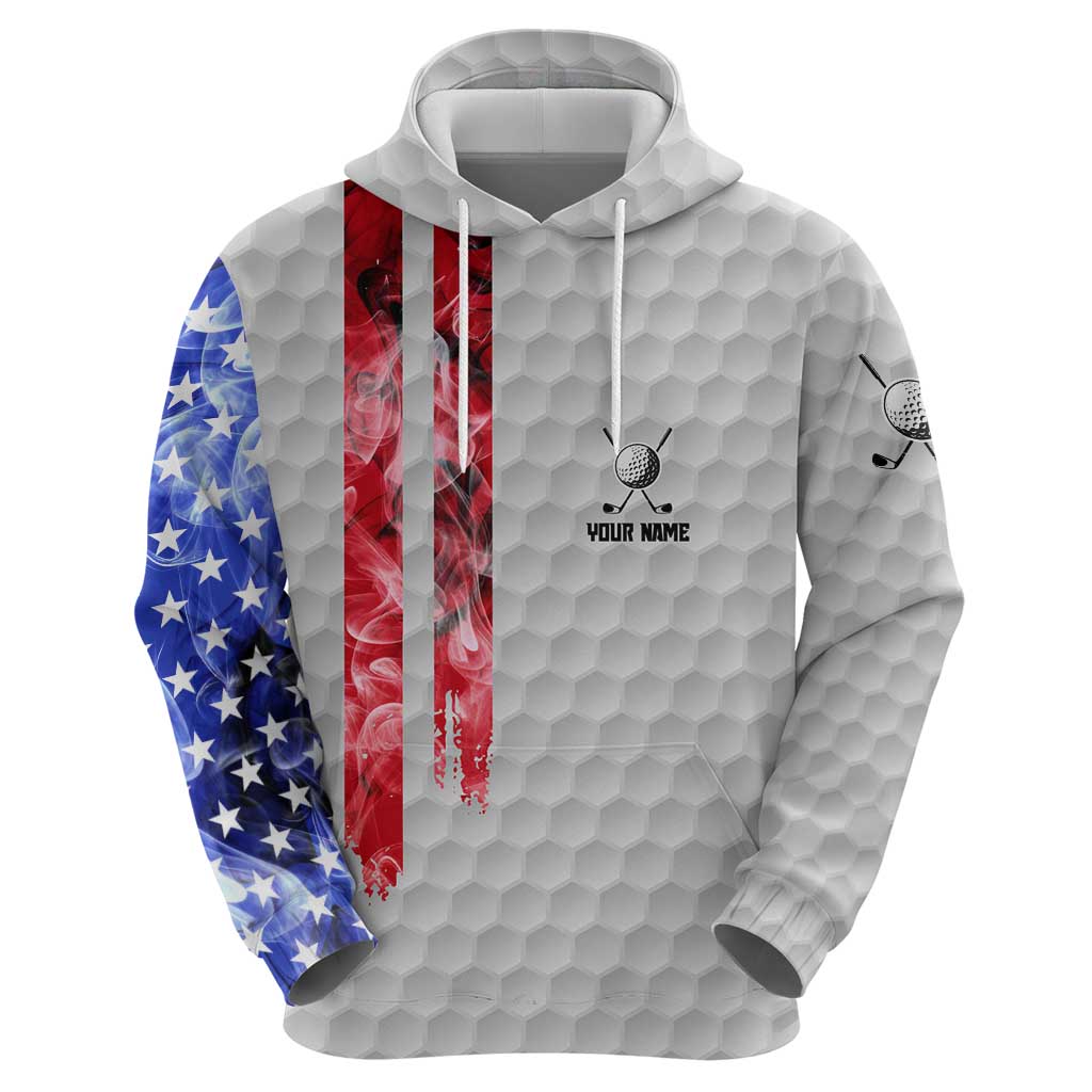 Custom Golf Ball and Clubs Hoodie with American Flag Smoke Effect and Hexagon Pattern - Wonder Print Shop