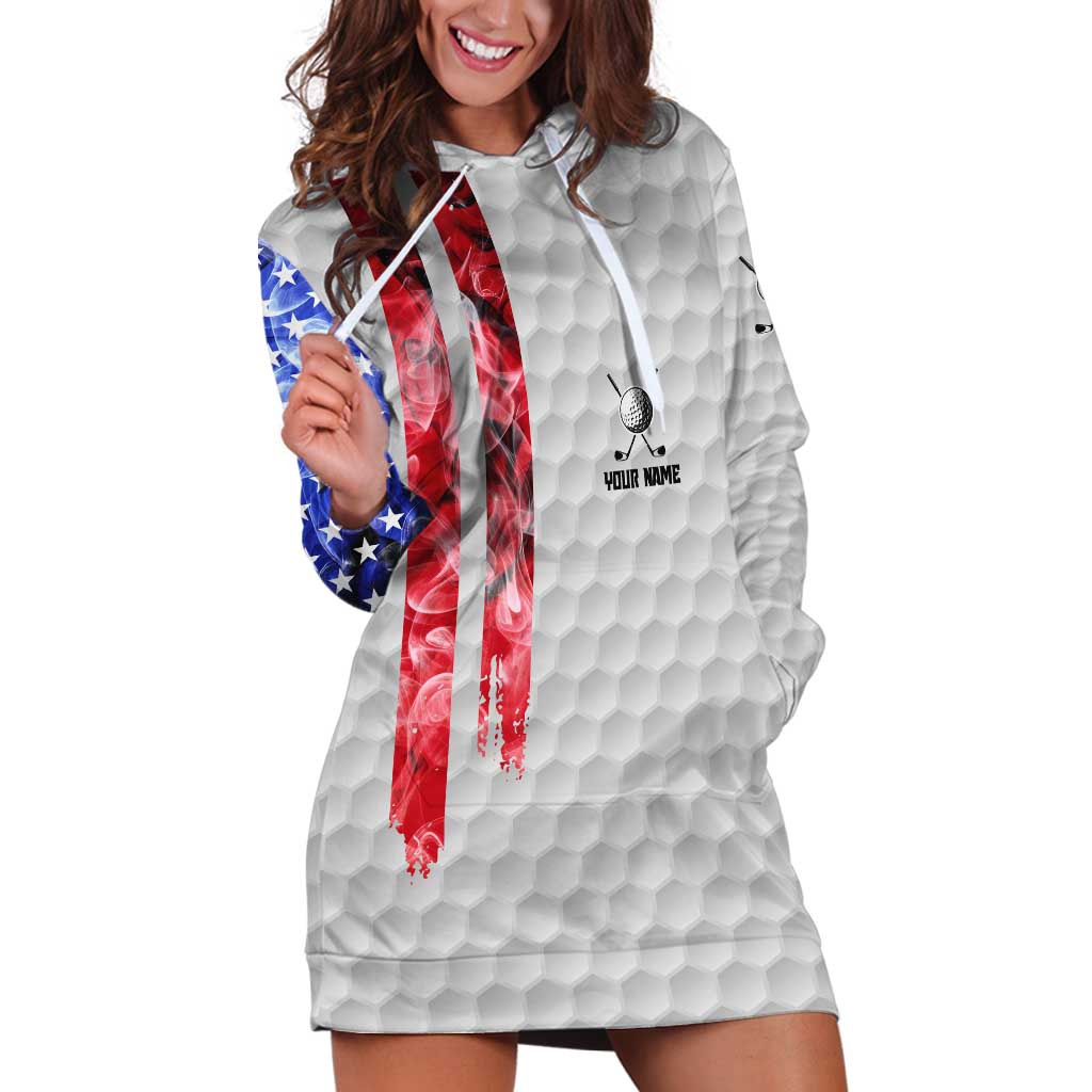 Custom Golf Ball and Clubs Hoodie Dress with American Flag Smoke Effect and Hexagon Pattern - Wonder Print Shop
