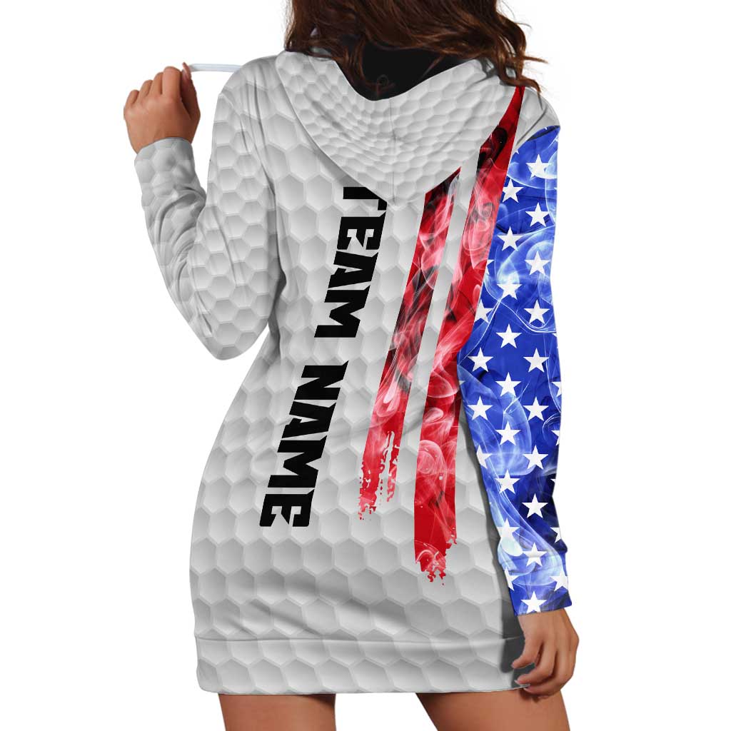 Custom Golf Ball and Clubs Hoodie Dress with American Flag Smoke Effect and Hexagon Pattern - Wonder Print Shop