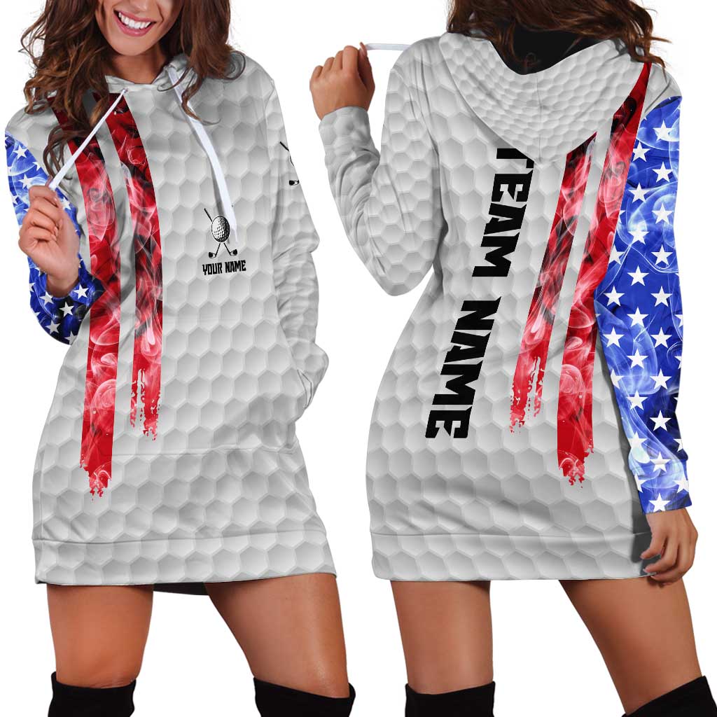 Custom Golf Ball and Clubs Hoodie Dress with American Flag Smoke Effect and Hexagon Pattern - Wonder Print Shop
